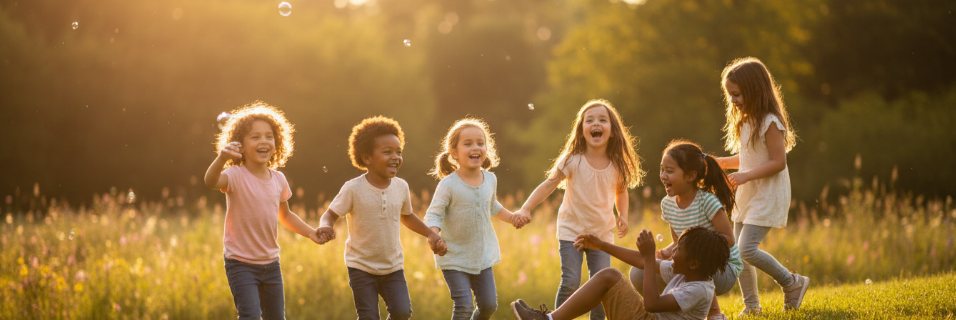 Children playing together outdoors at golden hour